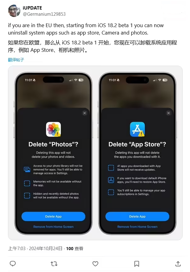 宜章苹果手机维修分享iOS 18.2 支持删除 App Store 应用商店 