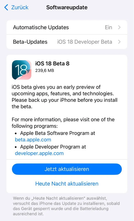 宜章苹果手机维修分享苹果 iOS / iPadOS 18 开发者预览版 Beta 8 发布 